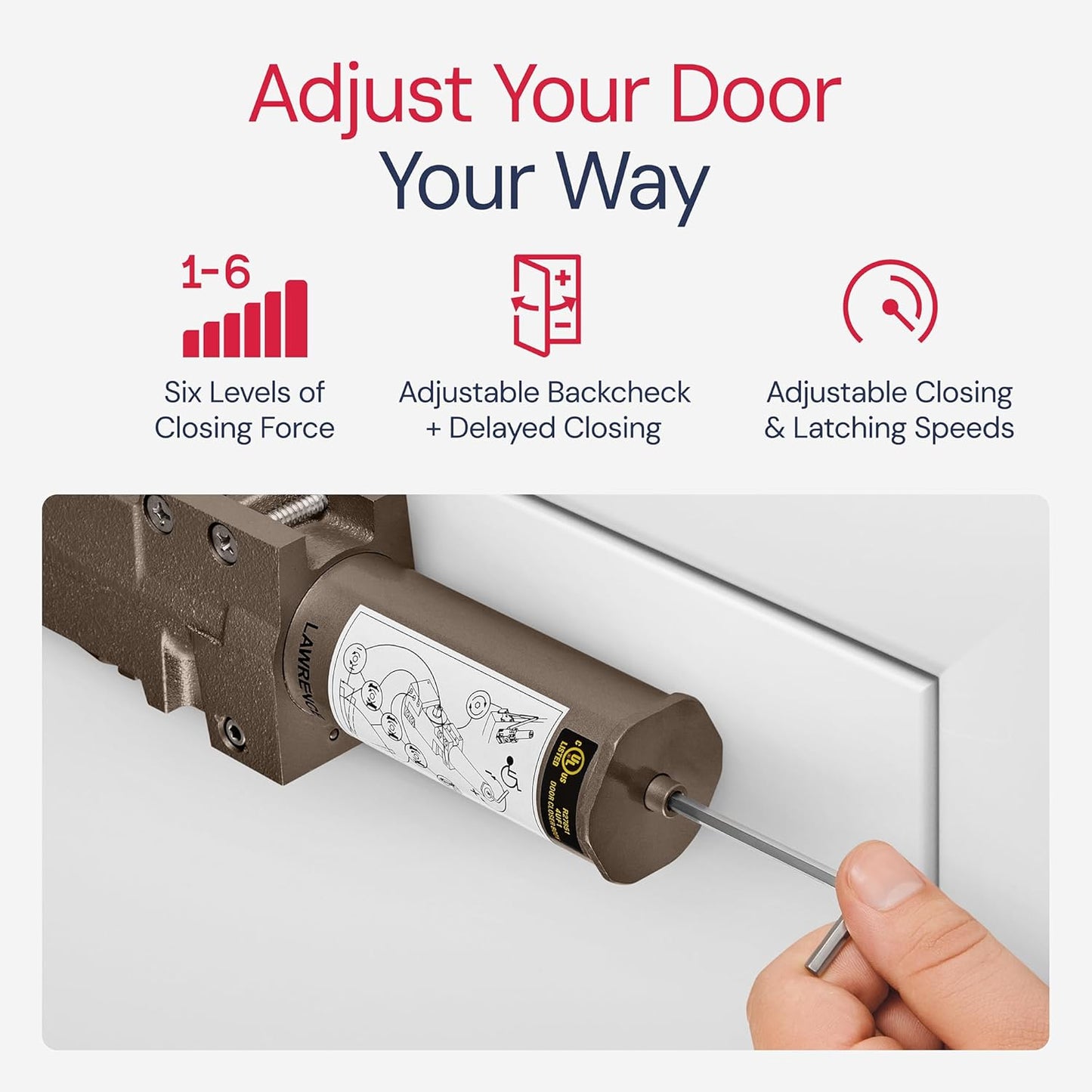 Lawrence Extra Heavy Duty Door Closer Commercial Grade 1 - Adjustable 6-Speed Delayed-Action Door Control with 3 Pistons – Flexible Installation with Included Hardware - Embassy Series LH8016