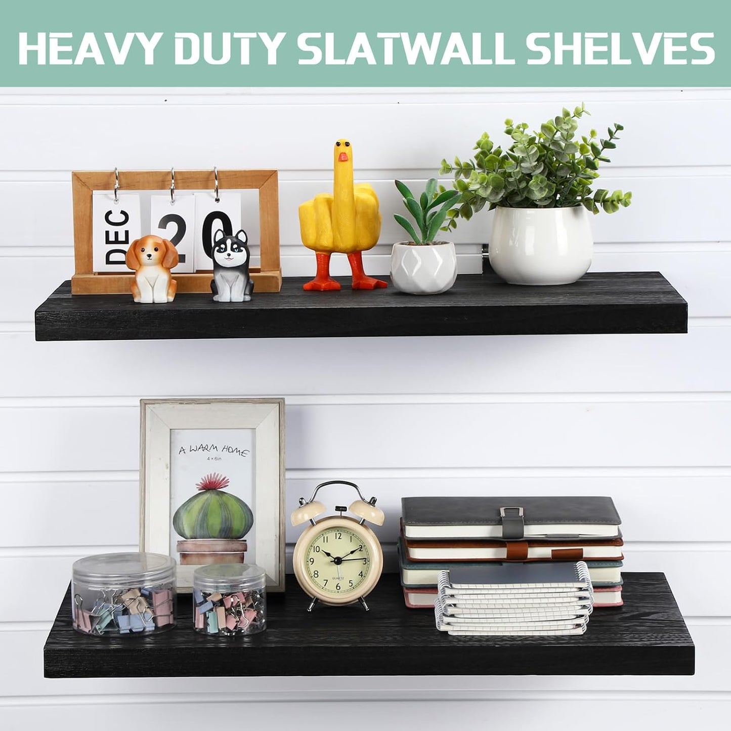 4 Pack Wooden Slatwall Shelf, Black Slatwall Shelves with Metal Hooks Organizer Set Mounted Accessories for Garage Home Workshop Workbench 23.6" x 11.8" x 1.1"