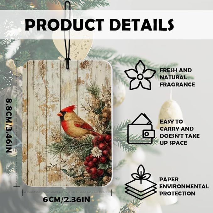 Vintage Christmas Decor,Christmas Car Air Freshener 4 Pcs, Rustic Berry Pinecone Reindeer Cardinal Santa Reading Air Freshener Hanging Decor for Cars Closet Drawer Books Accessories Gifts