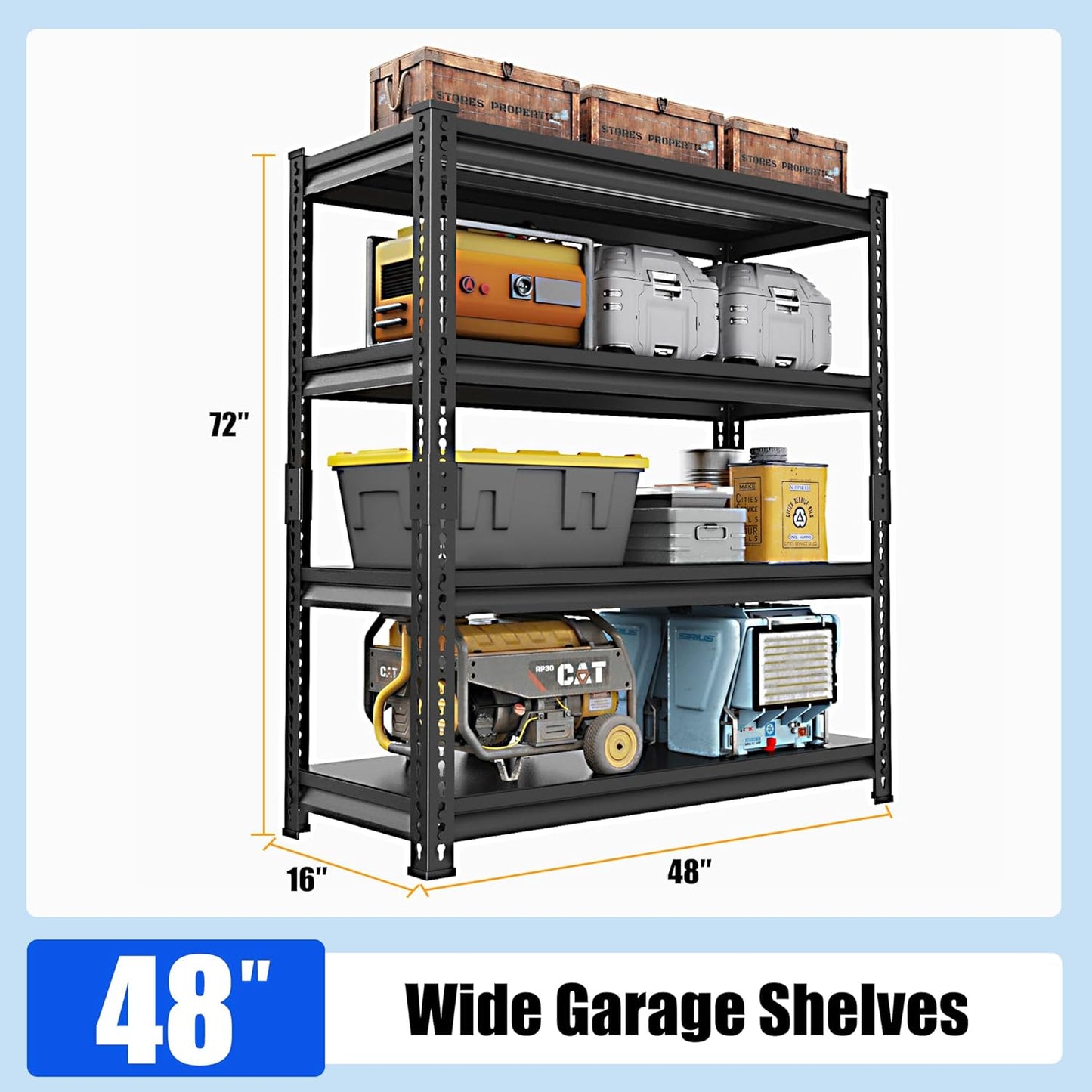48" W Garage Shelving Heavy Duty, 1800LBS Loads Adjustable Garage Storage Shelves, 4-Tier Metal Shelving Units and Storage Racks, Industrial Utility Shelf,48" Wx16 Dx72 H, Black