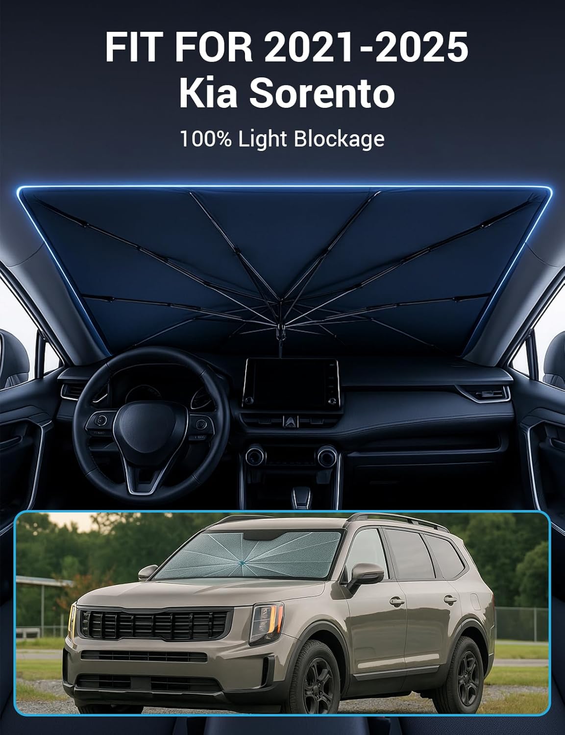 Proadsy Windshield Sun Shade Umbrella for Kia Sorento 2021-2025 2026 Foldable Car Umbrella Sunshade with Soft TPU Handle Spring Structure Crystal Cooling Material Protect Car from Rays & Heat