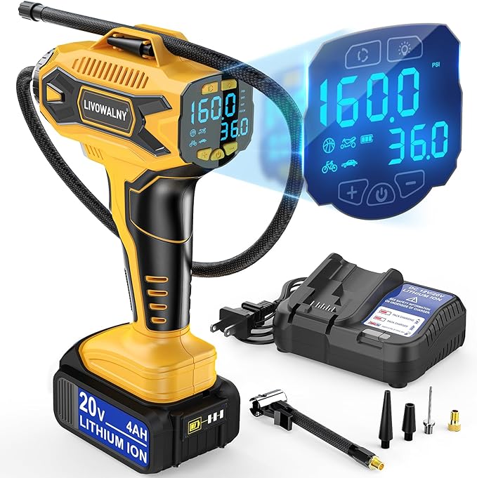 Cordless Tire Inflator Air Compressor Compatible With Dewalt 20V Max Battery: LIVOWALNY Portable Handheld Air Pump with Digital Pressure Gauge for Cars Motorcycles Bikes Sport Balls Auto