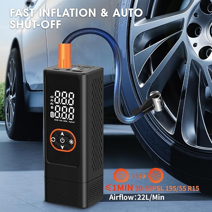 Tire Inflator Portable Air Compressor - 150PSI Air Pump For Car Tires with Digital Pressure Gauge, LED Light and Auto Shut-Off Function - Cordless Pump for Car, Motorcycle, Bicycle, Balls and More
