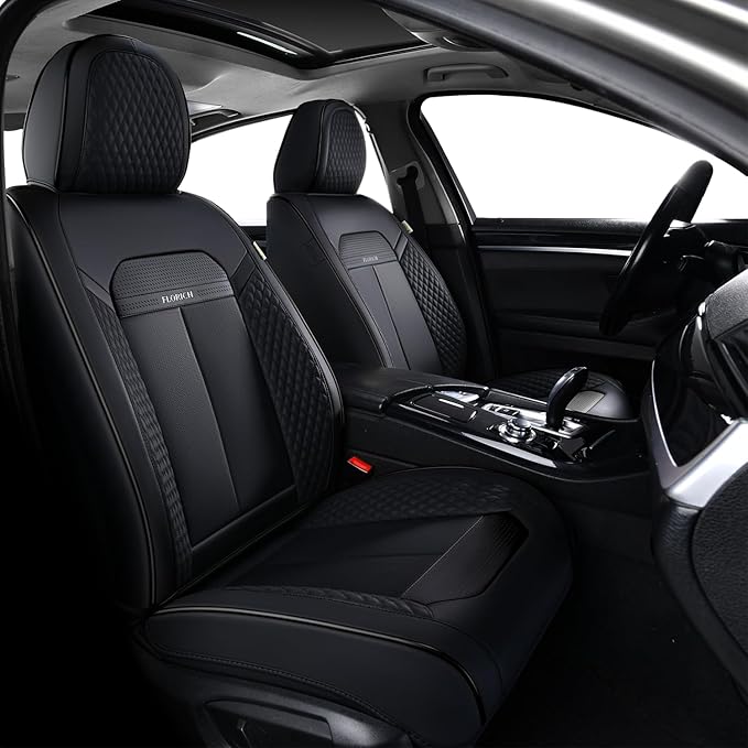 FLORICH 2pcs Car Seat Covers Front Set, Black Car Seat Cover, Breathable Premium Leather Seat Covers, Automotive Vehicle Seat Covers for Cars Trucks Vans SUVs Sedans (2 Packs, Black)