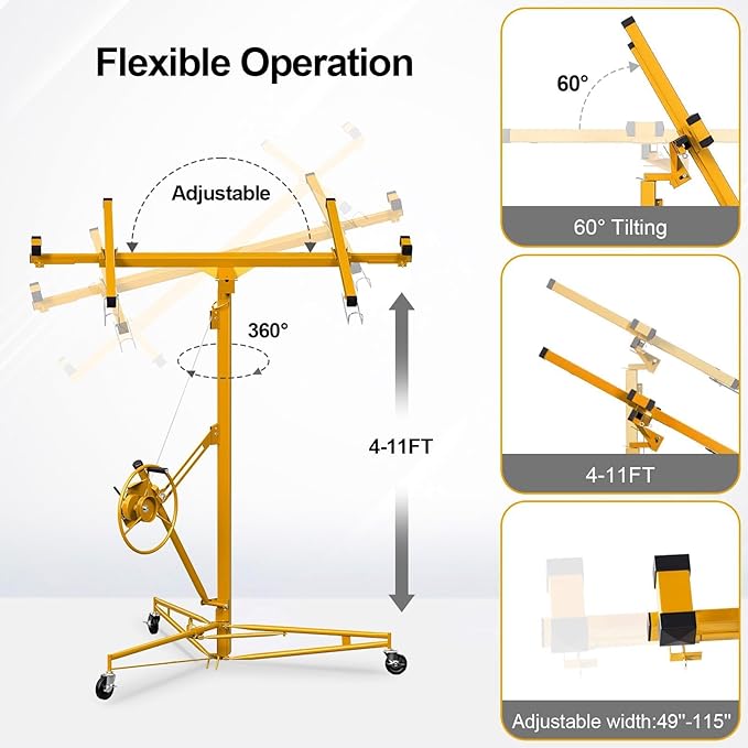 11FT Drywall Lift Sheetrock Lift, 150LBS Capacity, Drywall Lift Panel Hoist with Black Telescopic Arm, Drywall Jack Lift with 3 Lockable Wheels for Home Improvement, 4'x16' Panel Size, Yellow