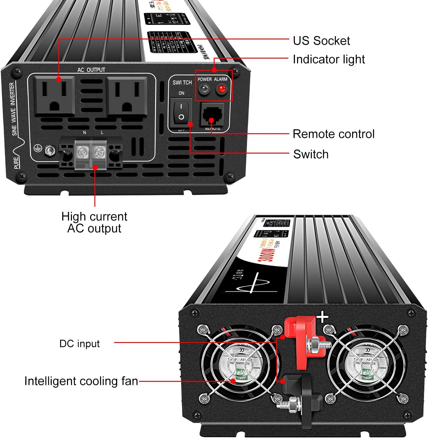Xijia 3000W (Peak Power 6000W) Pure Sine Wave Inverter DC 72V to AC 120V 60HZ Solar Converter for Home Use car (DC72V (Range 60V-90V) 3000W)