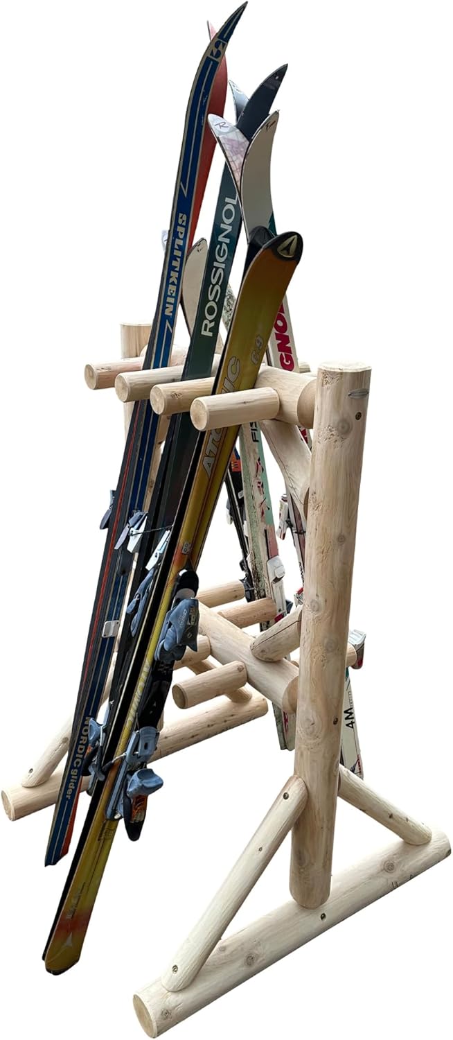 8-Place Freestanding Log Ski Rack Holder, Indoor & Outdoor Snowboard Racks, Standing Storage, Garage Racks for Snow Skis, Durable Snowboard Rack Garage Storage Organizer - Canyon Brown