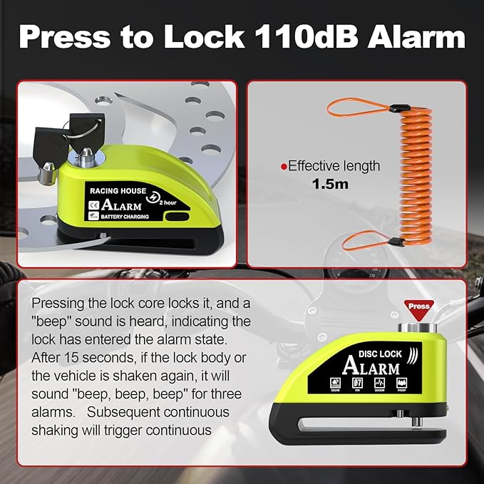 Motorcycle Lock Rechargeable, Alarm Disc Brake Lock with Reminder Cable, 110 dB Alarm Sound, Anti-Theft Waterproof, 2 H Fast-Charging, 9 Months Standby, 7 mm Lock Pin Universal for Bikes