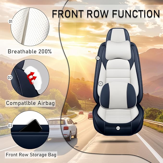 Car Seat Covers Fit for Toyota Highlander 2000-2025 | 7 Seat Car Seat Cover | No-Slip Waterproof Breathable Faux Leather Automotive Seat Covers Auto Interior Covers Blue White,Full Set with Pillow
