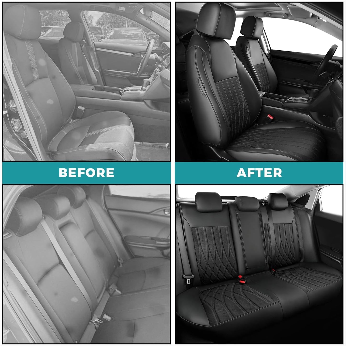 Seat Covers for Honda Civic Hatchback EX, Sport Touring, EXL 2016 2017 2018 2019 2020 2021, Faux Leather Car Seats Cover Full Set(Rear Row 40/60 Split & Folding Backrest)-Black