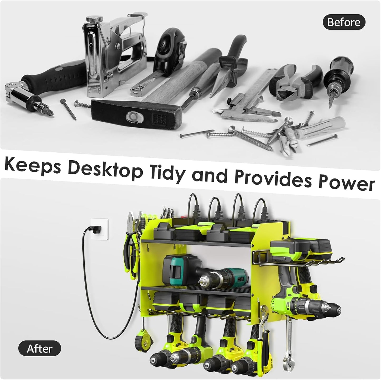 CCCEI Modular Power Tool Organizer Wall Mount Charging Station, Green 6 Drills Holder with 8 Plug Power Strip 6FT, Garage Drill Battery Heavy Duty Metal Shelf, Utility Rack with Hooks, Side Storage.
