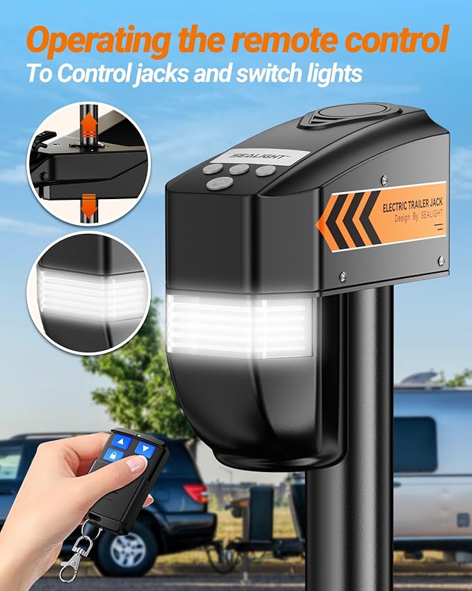 SEALIGHT 5000LB Electric Trailer Jack with Remote Control，Range up to 30 Meters, 9.84"-33.85" Lifting Electric Tongue Jack with 12V DC & LED Light, Power Jack for A-Frame, Utility and RV Trailer