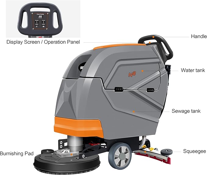 N3 20" Walk-Behind Floor Scrubber Machine - 31" Squeegee, 13-Gal Recovery Tank, 190 RPM, User-friendly, Complete Kit