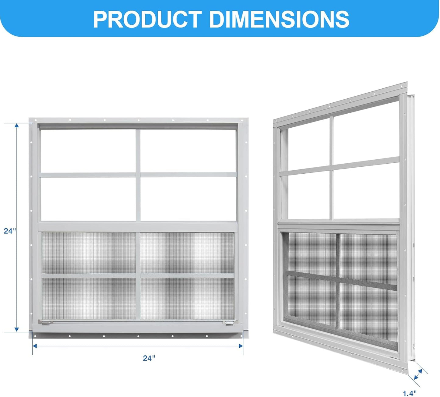 NeatiEase Upgraded Shed Windows 2 Pack, 24" x 24" Windows with Tempered Glass and Stainless Steel Screen for Shed, Chicken Coop, Playhouse, Household, Garage(White)