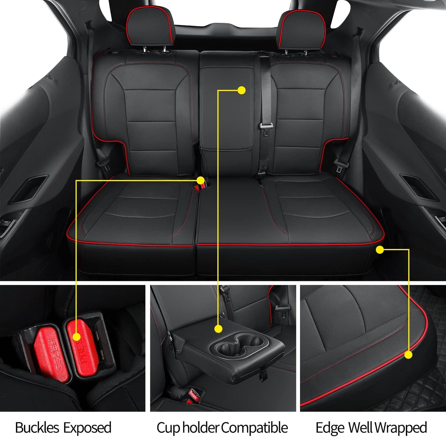 RISINGSTAR Terrain Seat Covers, fit for 2018-2024 GMC Terrain SUV with Rear Split Seats, Water Proof Faux Leather(Full Set, Black&Red)
