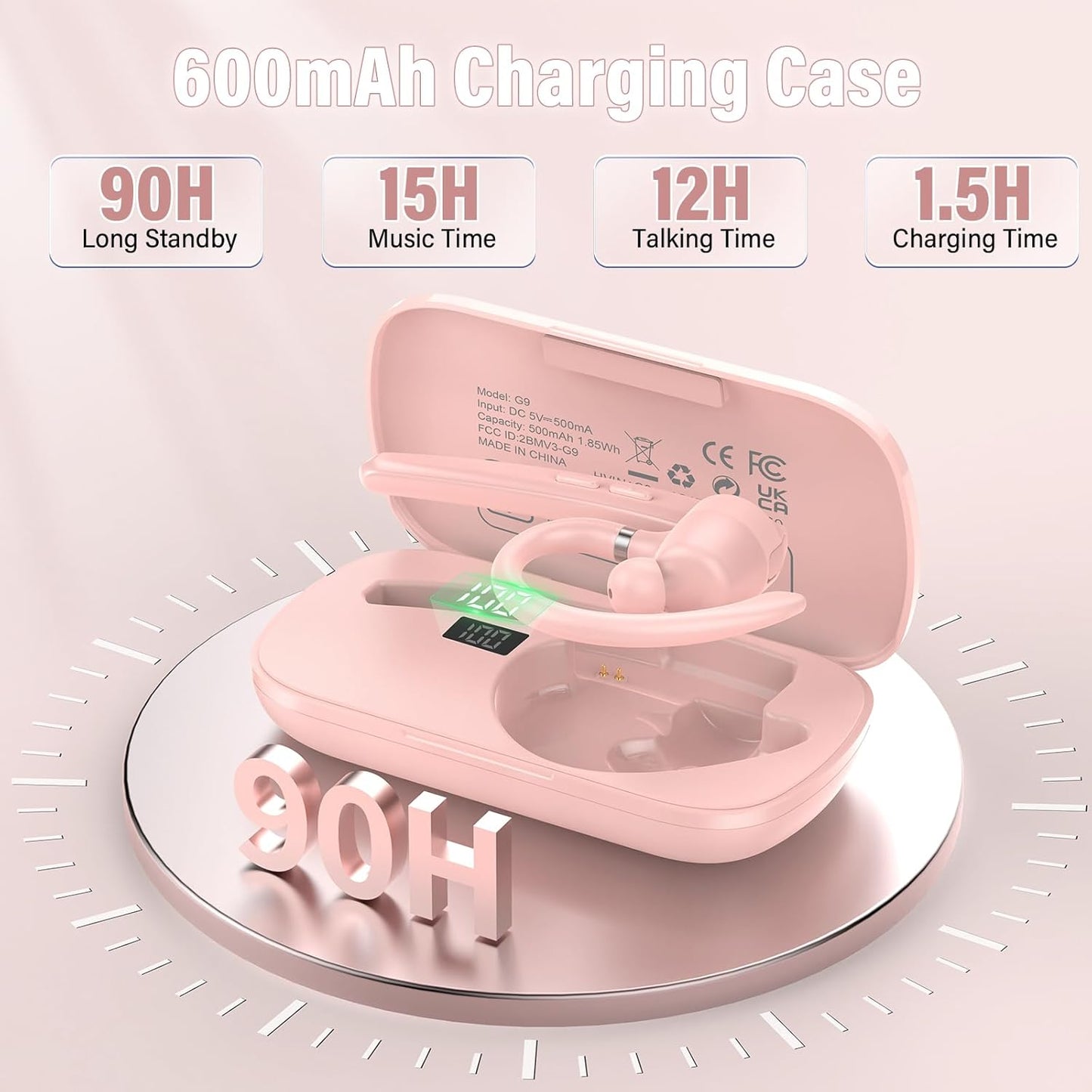 Bluetooth Headset, Wireless Bluetooth 5.3 Earpiece, 90Hrs Hands Free Headset with APTX HD Audio & Mute Button, Dual Noise Cancelling Mics, Single-Ear Headphone for Trucker/Business/Gym/Pink