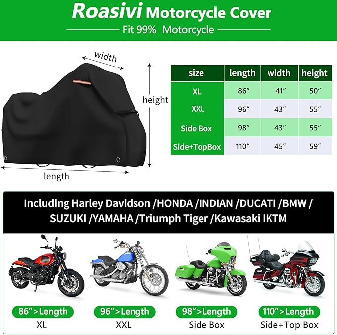 Roasivi Motorcycle Covers Outdoor Waterproof Motorbike Covers All Season Universal Weather Protection for Harley Davidson Touring Models General Fits XXL 96" L x 43" W x 55" H Black