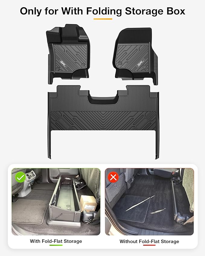 3W Floor Mats & Front Carpet Fit for 2015-2025 Ford F150 / F-150 Lightning SuperCrew Cab, TPE All Weather Heavy Duty Floor Liner Car Accessories (with Original Folding Under-Seat Storage Box)