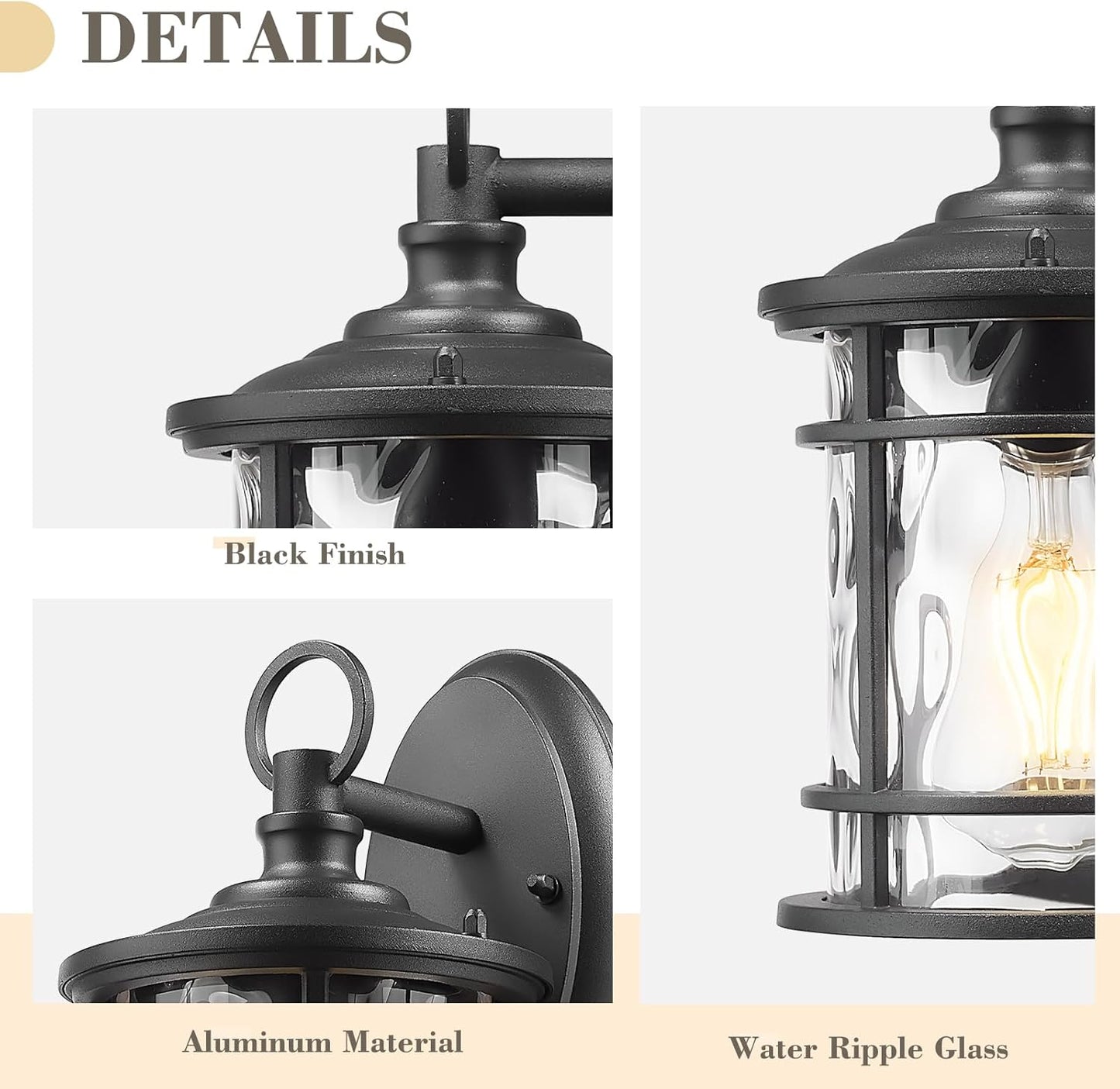 Emliviar 2 Pack Exterior Wall Sconce Light, Anti-Rust Outdoor Lanterns Wall Lamps, Farmhouse Patio Lightings with E26 Socket & Water Ripple Glass, Black Finish, XE229BS-2PK BK-WG