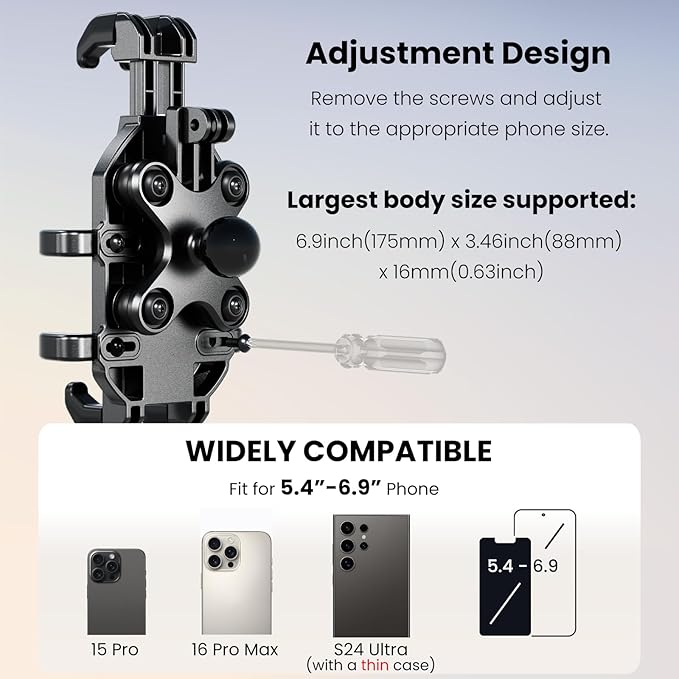 Motorcycle Phone Mount Holder with Vibration Dampener Anti-Shake 720° Adjustable for iPhone 16 Pro Max for Samsung 5.4''-6.9'' Phone Anti-Theft Dirt Bikes(U Shape Base 0.6-1.1" Handlebar)