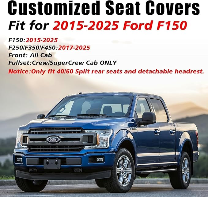 Coverado Leather Ford F150 Seat Covers Full Set, Automotive Seat Covers for Pick-up Truck, Waterproof Cushion Cover for 2015-2025 F150 and 2017-2025 F250 F350 F450 (Blue line)