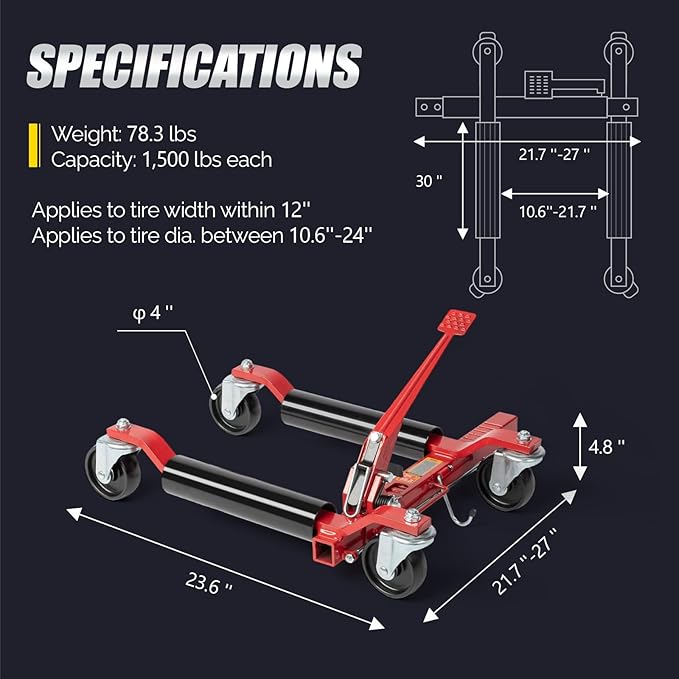 TUFFIOM Car Wheel Dolly Jack Set of 2, Mechanical 3000-lbs Car Skates, 12'' Wheel Vehicle Positioning Jack, Heavy Duty Rollers with Ratcheting Foot Pedal for Tire Auto Repair Moving, Red