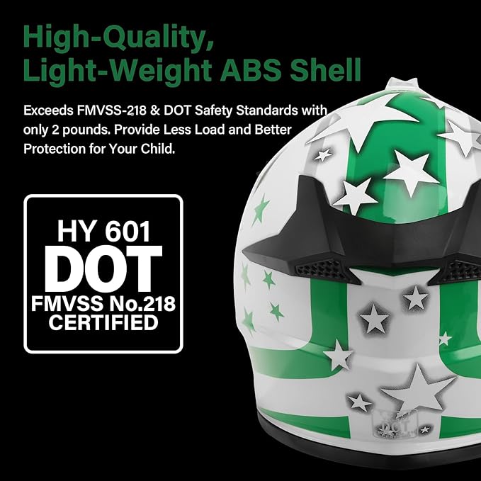 XFMT DOT Youth Kids Dirt Bike Helmet Full Face Motocross Helmets for Off-Road ATV Street Bike Four Wheeler Motorcycle with Goggles & Gloves, Green Star Small