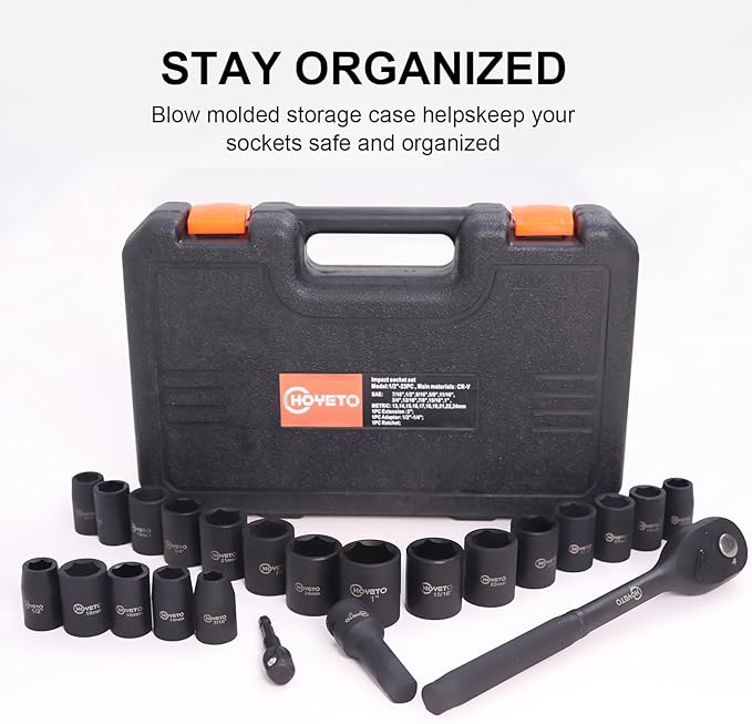 1/2" Drive Impact Socket Set, 23-Piece Metric (13–24mm), 6-Point Cr-V Alloy Steel, with Ratchet Handle & Storage Case – Rugged Construction for Auto Repair
