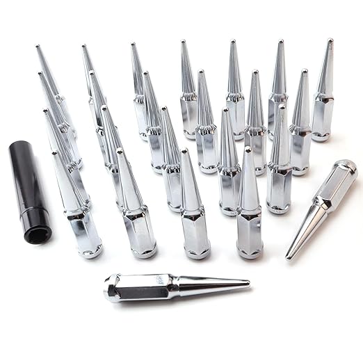 24PCS M14 x 1.5 Chrome Cone/Conical Bulge Seat Wheel Spike Lug Nuts with 1 Socket Key Compatible with Ram 1500 2012-2022, F-150 2015-2017, F-250 F-350 2003-2016, Chevy Silverado Sierra 1999-2019