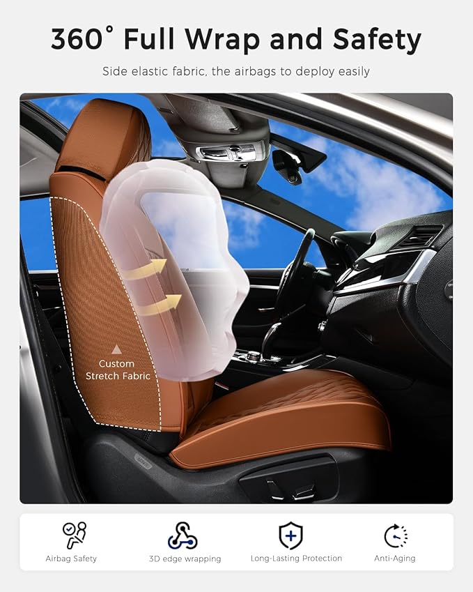 Huidasource Brown Front Seat Covers, Nappa Leather Front Car Seat Covers, Side Elastic Fabric, Compatible with Airbags, Seat Belts, Universal Fit for Most Cars, Vans, Trucks, SUV (Front Pair/Brown)