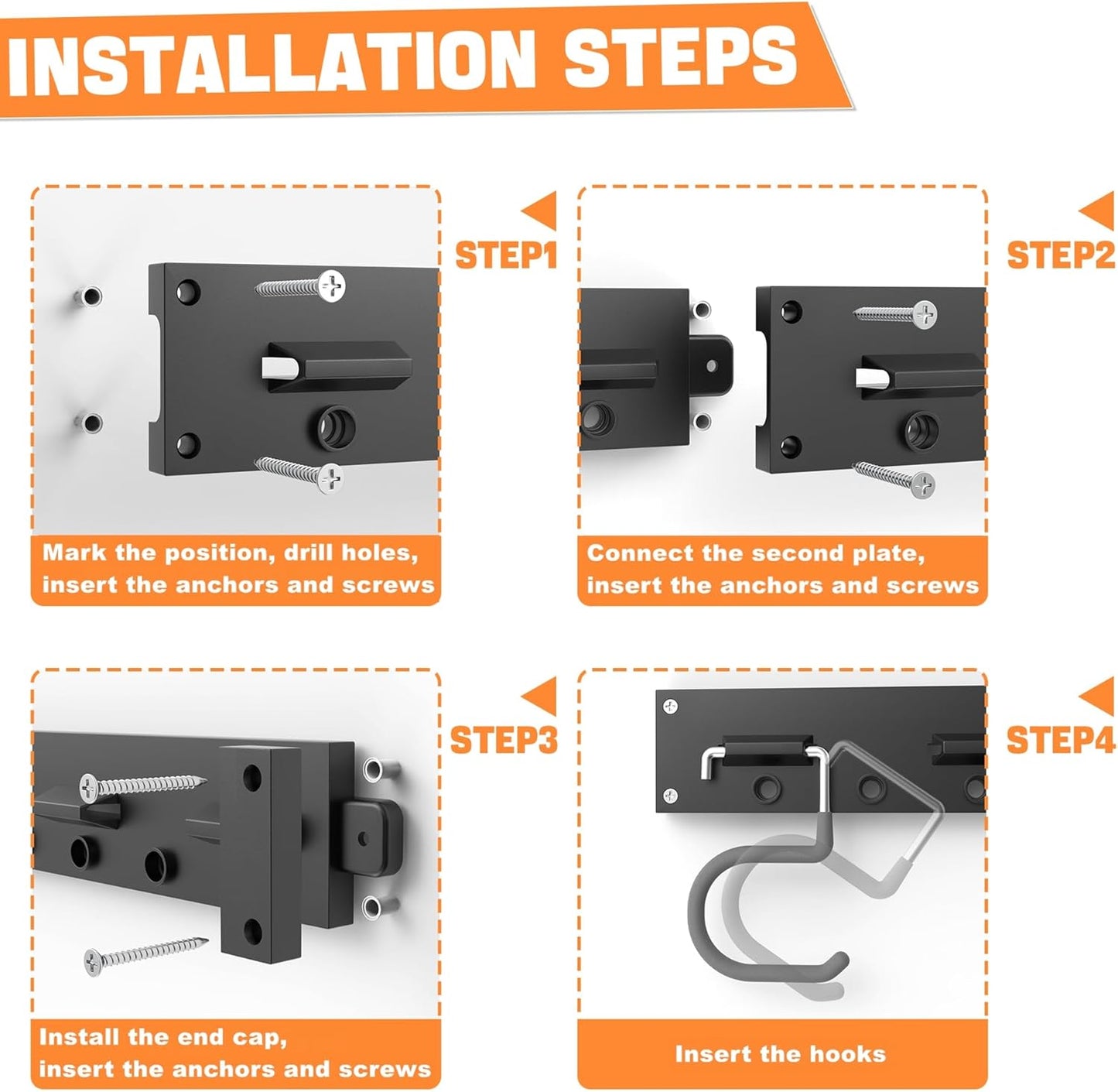 TORACK Plastic Wall Mounted Mop and Broom Holder, Garden Tools Organizer for Garage Wall, Yard Tool Storage Rack for Rakes, Shovels, Mops, Brooms (4 Tracks, 16 Hooks)