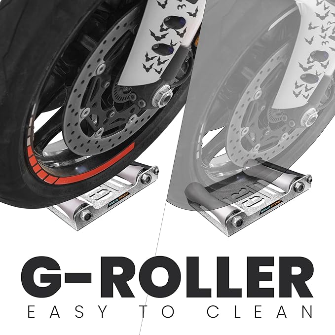 GRAND PITSTOP Motorcycle Roller Wheel Cleaning Stand - Paddock Stand Replacement - Wheel Roller Stand with Ramp Support for tire Cleaning & Chain Lubrication (Roller Large Antic Silver)