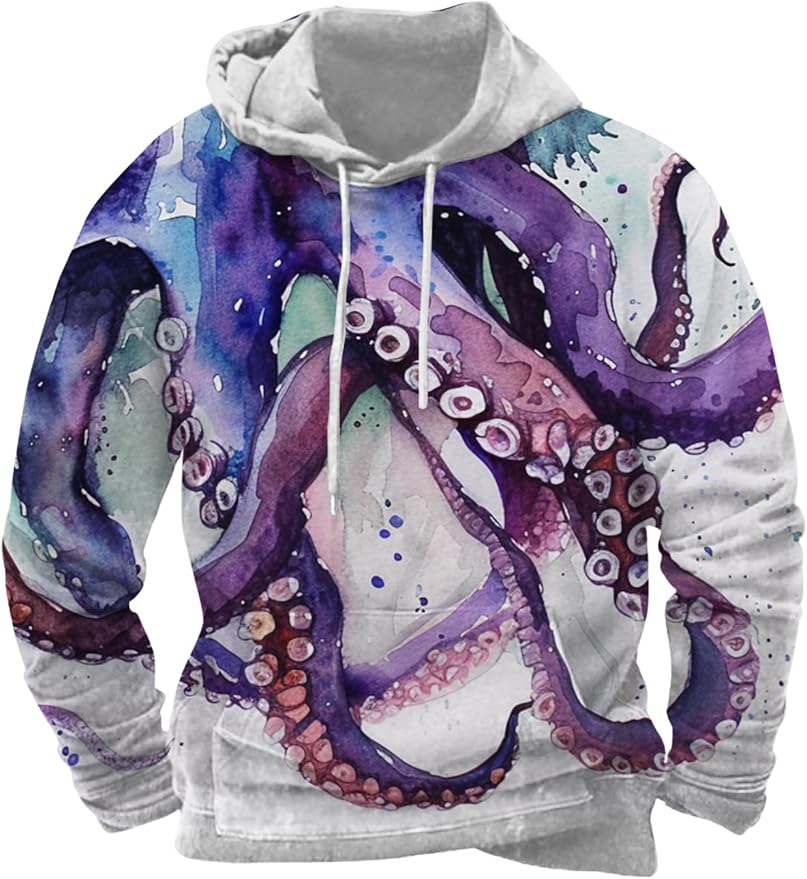 Mens Animal Print Graphic Hoodies Casual Long Sleeve Japanese Art Style Hooded Sweatshirt Lightweight Pullover Tops