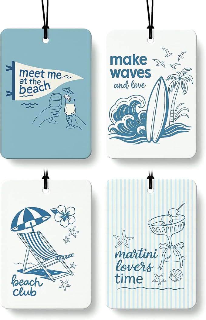 Blue Beach Cocktail Cologne Car Air Freshener 4 Pcs, Preppy Coastal Beachy Hanging Air Freshener for Cars Bathroom Dorm Books Decor, Preppy Beach Accessories Gifts for Women Girls