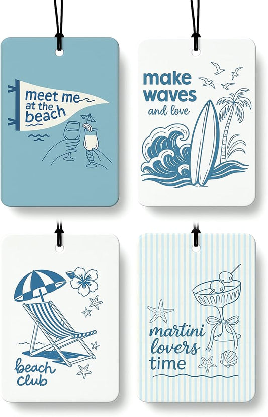 Blue Beach Cocktail Cologne Car Air Freshener 4 Pcs, Preppy Coastal Beachy Hanging Air Freshener for Cars Bathroom Dorm Books Decor, Preppy Beach Accessories Gifts for Women Girls
