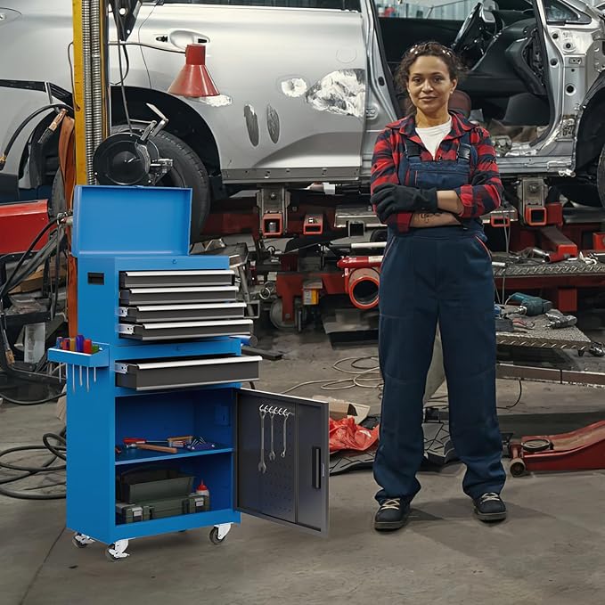 5-Drawer Rolling Metal Tool Storage Cabinet with Detachable Top Tool Box, for Garage Workshop - Blue