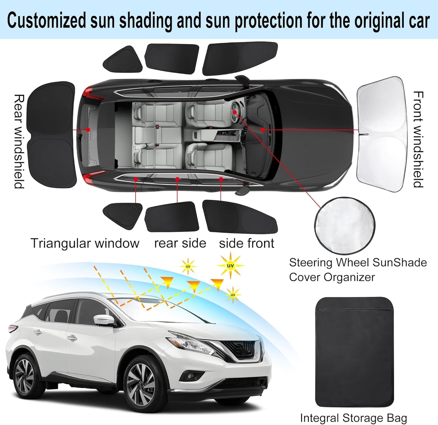 TINGLU Window Shades for Nissan Murano 2015-2024 Accessories Car Side Full Windows Rear Triangular Windshield Sun Shade Sun UV Rays & Privacy Protection for Camping,Napping,and Relaxing 8PCS