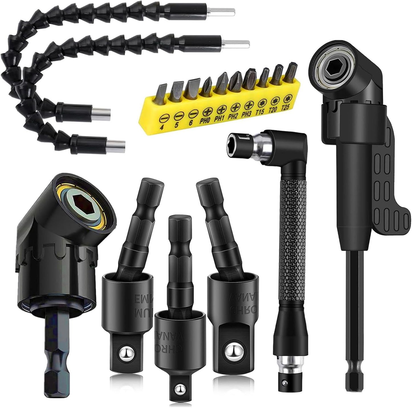 18Pcs Flexible Drill Bit Extension, Include 3Pcs Rotatable Socket Adapter 2Pcs 105° Right Angle Drill Attachment 10 Short Screwdriver Bits 90° Angled Bits and 2 Bendable Extension Tool