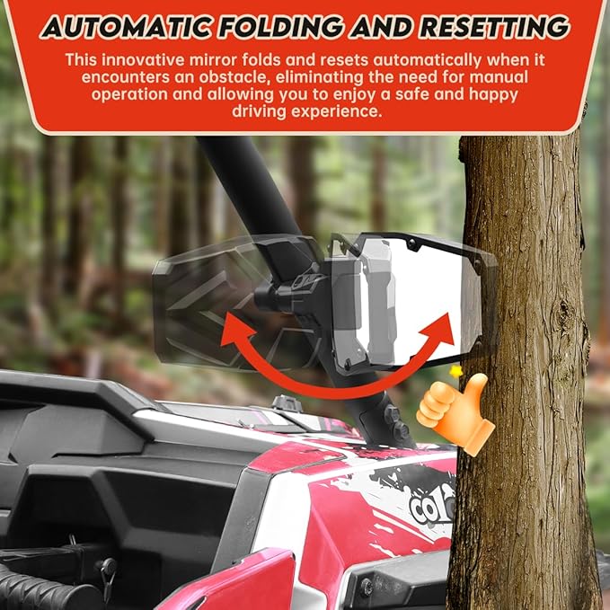 UTV Side Mirrors,UTV Mirror Automatic Folding and Resetting in The Event of Collision,Fits 1.5"-2"Roll Bars Compatible with Polaris RZR,Can Am X3, Honda Pioneer, Kawasaki Mule, Cfmoto Zforce