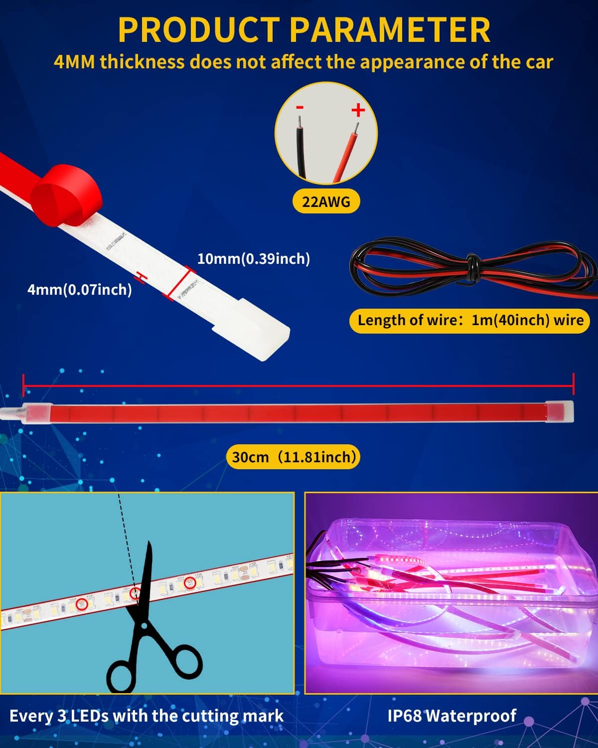 12V Led Strip Light,Car Interior Light Strip IP68 Waterproof Cuttable for Automotive Motorcycle Marine Boat Golf Cart Cargo Home Decoration Led Strip White,12inch (Pack of 4)