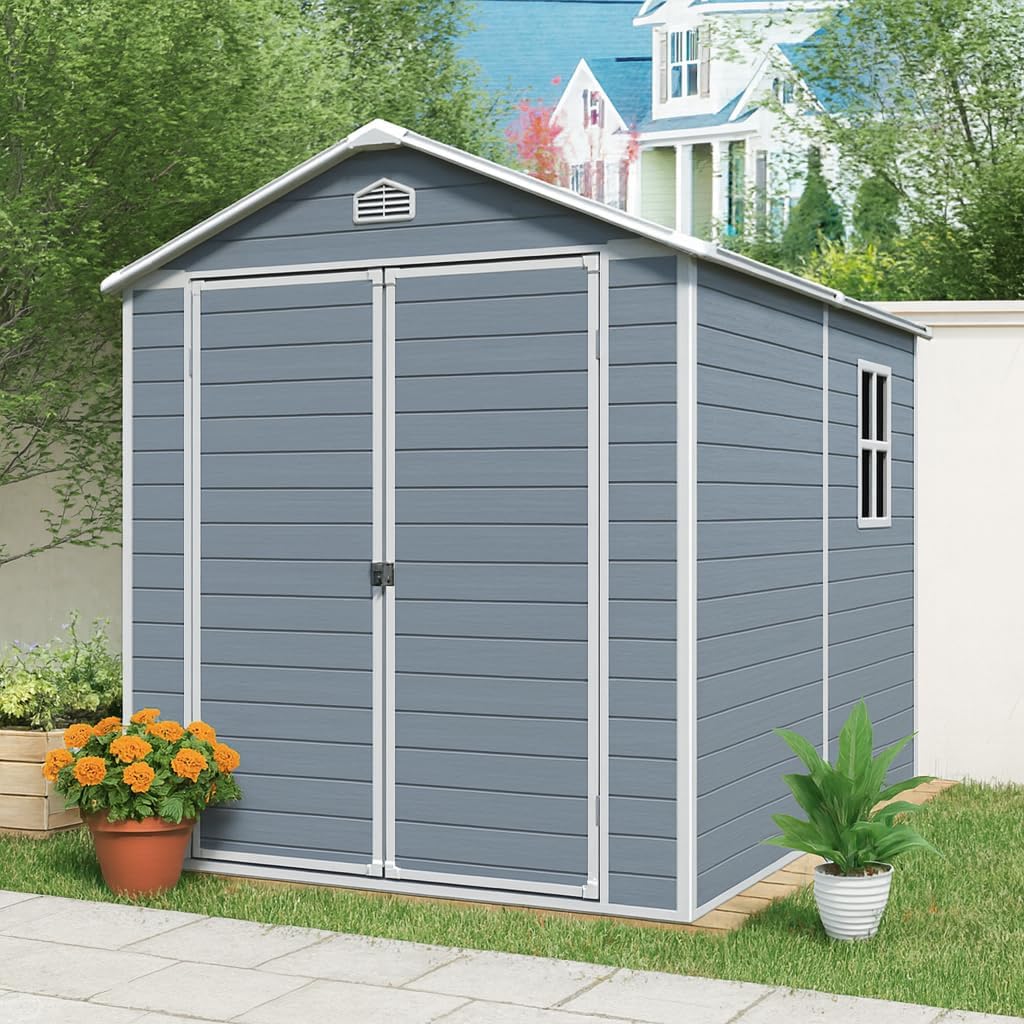 6x8 FT Outdoor Storage Shed, Resin Garden Shed with Thick Floor, Plastic Storage Shed with Window, Waterproof Outside Tool Shed with Lockable Hinged Doors for Backyard, Patio, Lawn, Light Gray