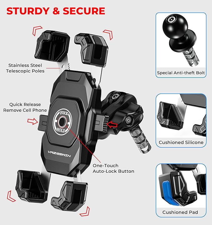 Motorcycle Fork Stem Phone Mount, 1s Auto Lock & Release, Anti-Theft Motorcycle Phone Holder with Aluminum Alloy 1" Ball Short Arm, for 12-25.4mm Diameter Fork Stems, for 5.4"-7" Cellphones