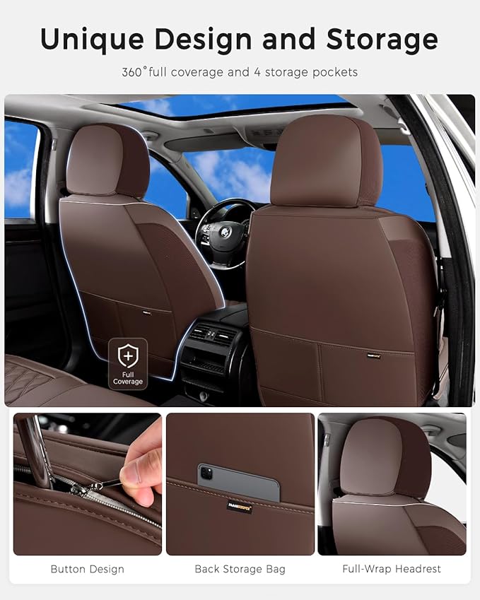 Huidasource Coffee Seat Cover, Nappa Leather Car Seat Cover, Velcro Adjustable, Compatible with Airbags, Armrests, Child Seat, Seat Belts, Fit for Most Cars, Vans, Trucks, SUVs (Full Set/Coffee)