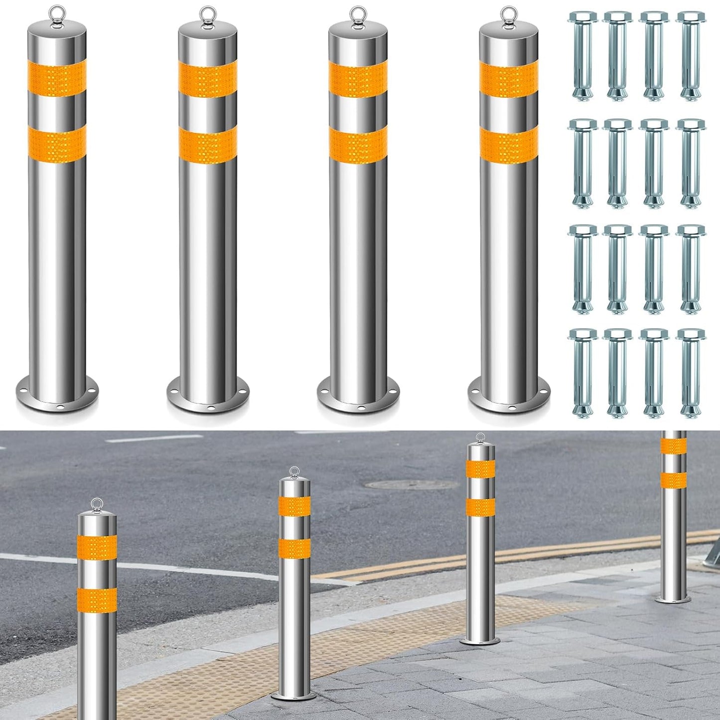 31.5 Inch Stainless Steel Bollard Post with Anchor Bolts Parking Barrier Block Safety Bollard Covers with Reflective Strips and Hanging Ring for Parking Lots Driveways Garage Pathways(4 Pcs)