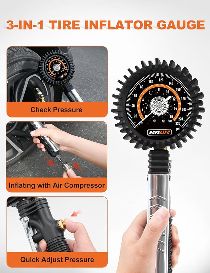 SAFELIFE Tire Pressure Gauge with Inflator 230PSI - Heavy Duty Air Chuck and Compressor Accessories with 17.7" Rubber Hose, Large 3" Easy Read Glow Dial for Truck and RV