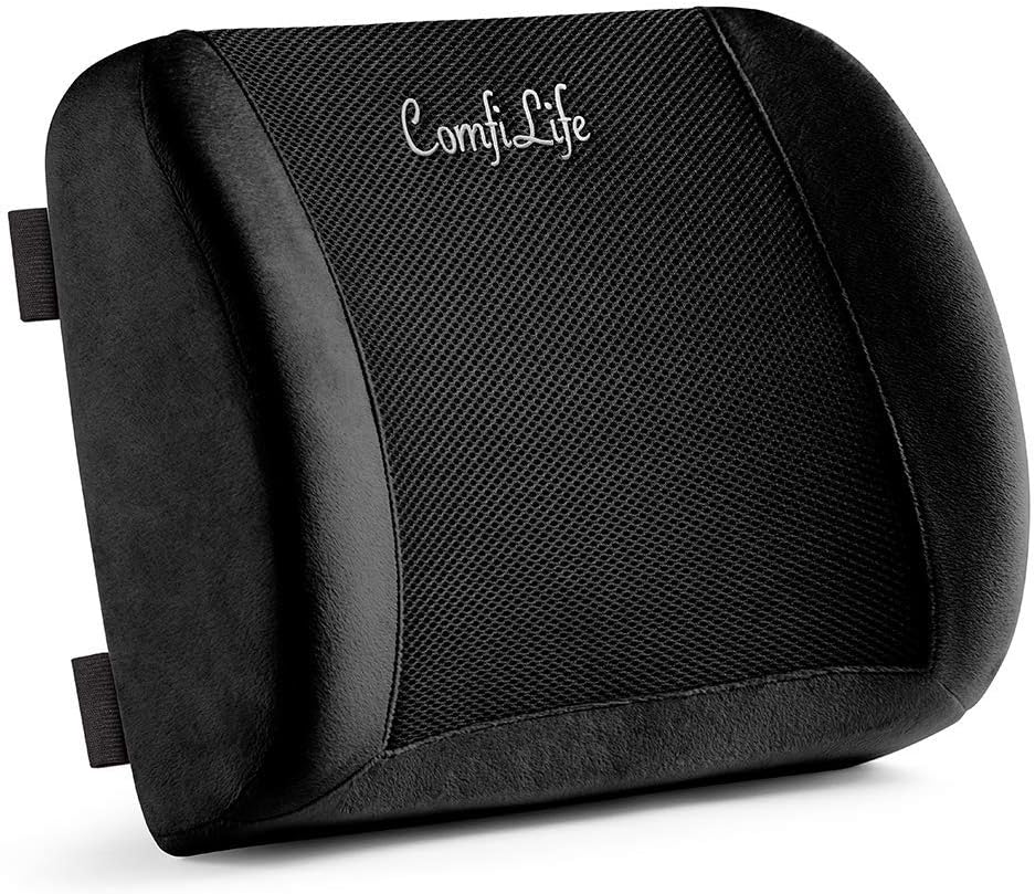 ComfiLife Lumbar Support Back Pillow Office Chair and Car Seat Cushion - Memory Foam with Adjustable Strap and Breathable 3D Mesh (Black)