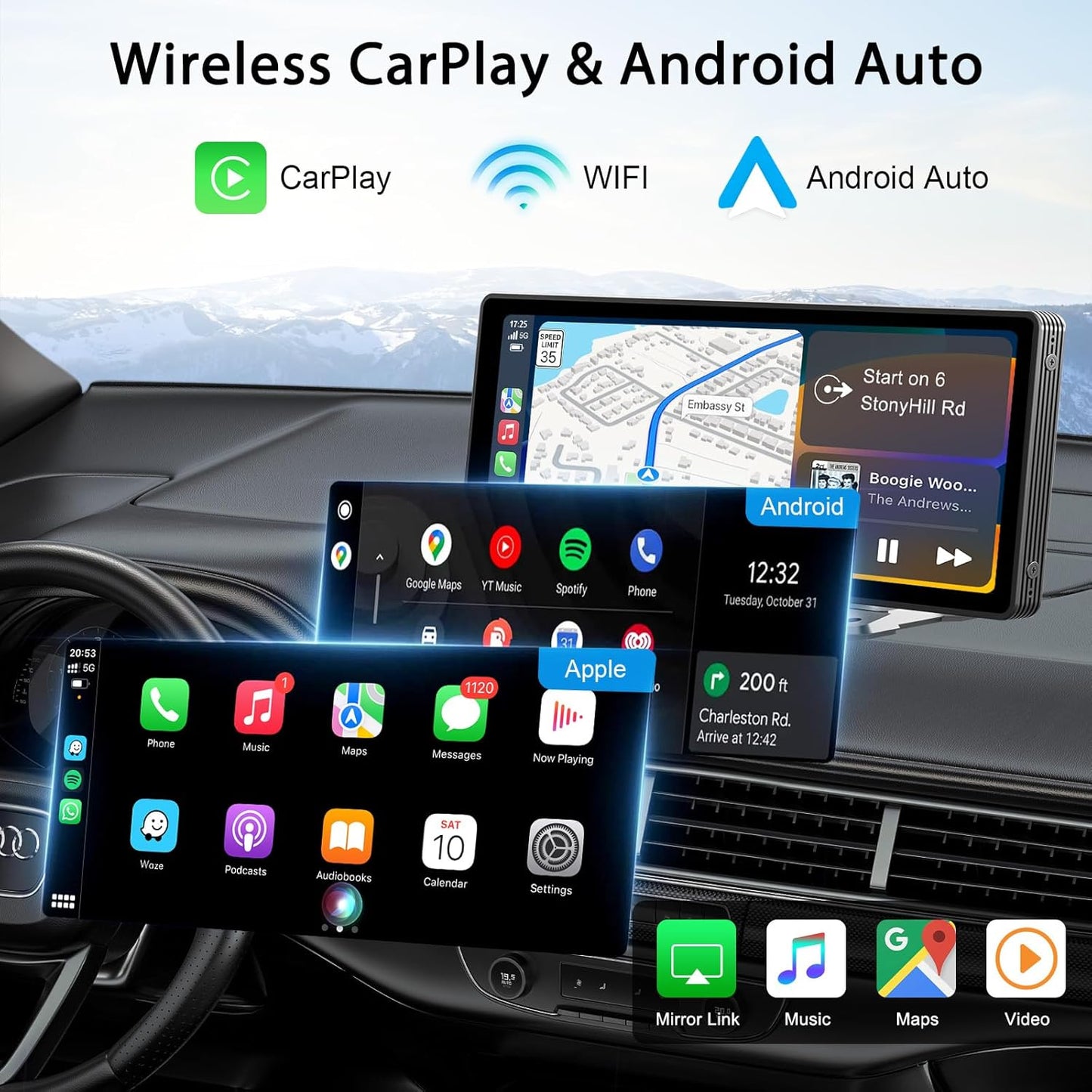 10.26" Wireless CarPlay Screen for Car,Wireless Apple CarPlay & Android Auto,Portable Car Stereo with GPS Navigation,Backup Camera,Bluetooth,Mirror Link,Drive Play,Touch Screen for All Vehicles