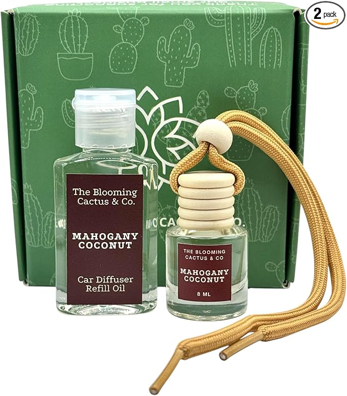 Car Air Freshener with 1 Oz Refill included | Car scented on the go | Car Air Freshener | Long Lasting Hanging Fragrance | Phthalate Free Fragrance. (Mahogany Coconut, 8 ml)