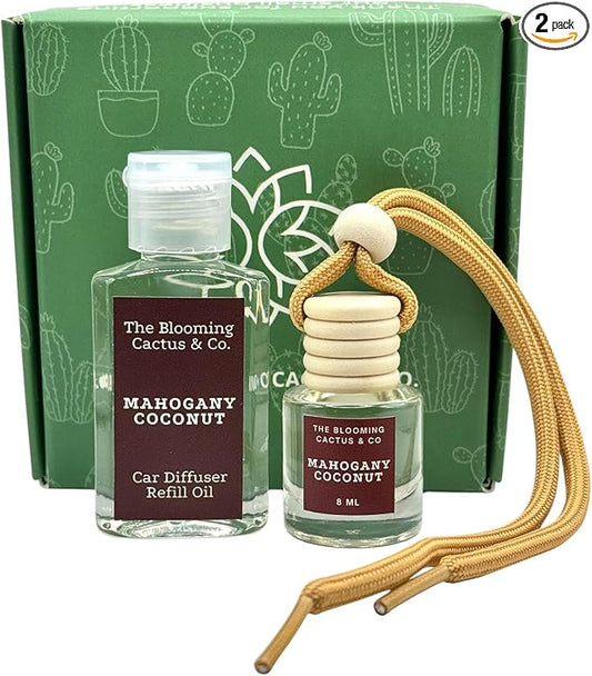 Car Air Freshener with 1 Oz Refill included | Car scented on the go | Car Air Freshener | Long Lasting Hanging Fragrance | Phthalate Free Fragrance. (Mahogany Coconut, 8 ml)