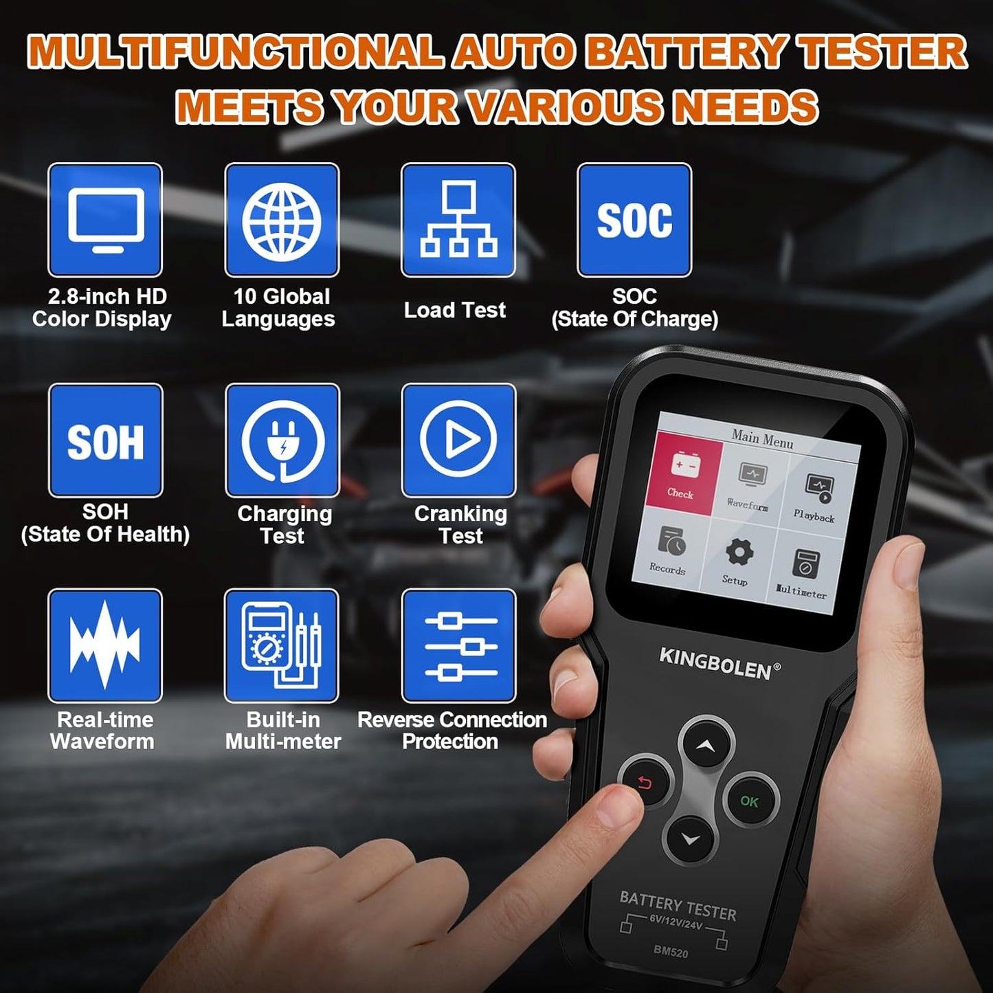 KINGBOLEN BM520 6V 12V 24V Car Battery Tester, 100-2000 CCA Automotive Load Tester Accurate Digital Auto Battery Analyzer Cranking and Charging System Tester for Cars Trucks SUV Motorcycle